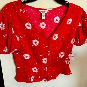 Arizona red and white button up blouse.